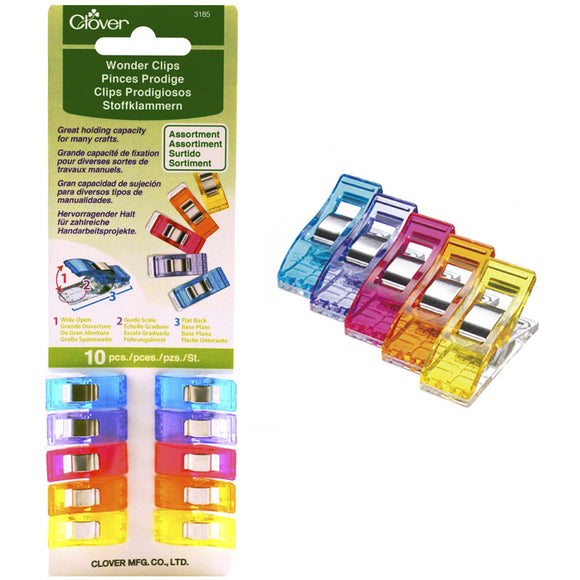 Clover Wonder clips work like pins to help hold fabric in place while sewing.  10 clips in 5 assorted rainbow colors.