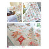 Three pictures from Summer Moon quilt Book.  Sampler quilt is displayed over a couch, on a flat surface, and hanging.
