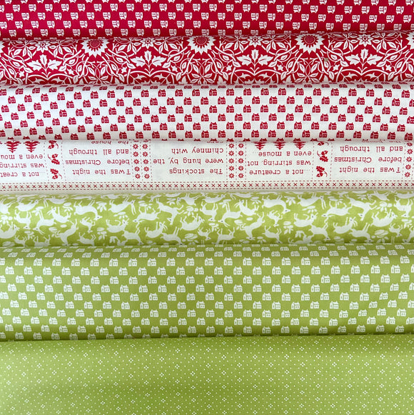 High quality Christmas quilting fabric designed by Fig Tree & Co. for Moda Fabrics. Red white and bright green Christmas fabric in traditional prints for quilters.