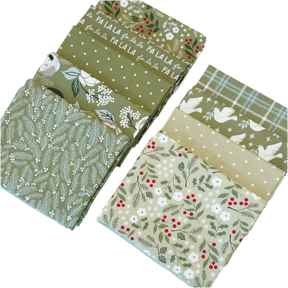 The Christmas Eve Green Fat Quarter Bundle includes green quilting fabric designed by Lella Boutique for Moda Fabrics.