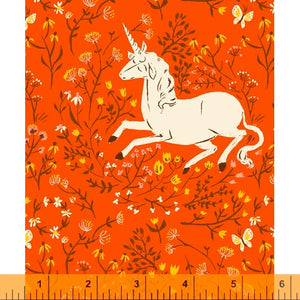Unicorn in orange quilting fabric designed by Heather Ross for Windham fabrics .  20th Anniversary collection.