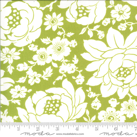 Shine on Fabric designed by Bonnie & Camille for Moda Fabrics. Green background with large white floral print. Quilting cotton fabric.