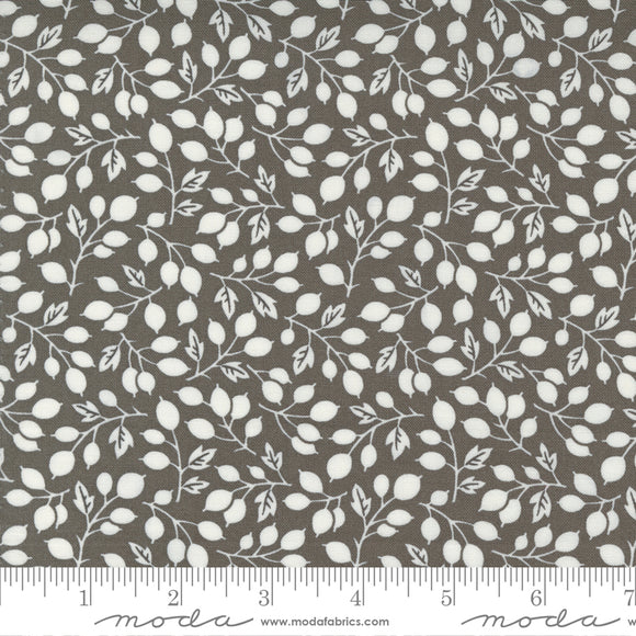 Pumpkins & Blossoms Charcoal Rosehips Yardage 20421-17 by Fig Tree & Co. High quality quilting cotton fabric with dark gray background and white floral print with leaves and berries.  Made by Moda Fabrics.