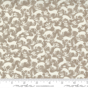 Pumpkins & Blossoms Pebble Frolic Yardage 20422-16 by Fig Tree & Co. High quality quilting fabric with gray background and white animals and deer.  Made by Moda Fabrics.