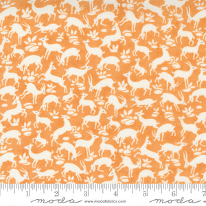 Pumpkins & Blossoms Pumpkin Frolic Yardage 20422-12 by Fig Tree & Co.  High quality quilting cotton fabric with orange background and white animals and deer.  By Fig Tree and Co. for Moda Fabrics.