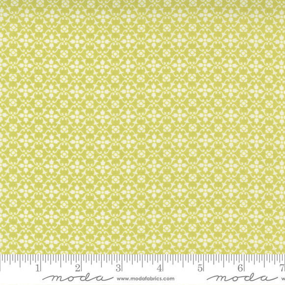 Pumpkins & Blossoms Sprout Florence Yardage 20426-14 by Fig Tree & Co. High quality quilting cotton fabrics with green and white geometric print.  Made by Moda Fabrics.