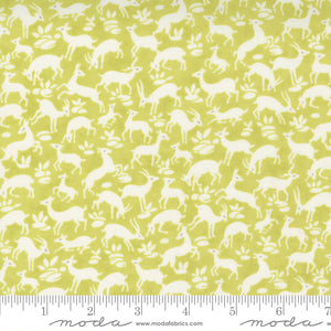 Pumpkins & Blossoms Sprout Frolic Yardage 20422-14 by Fig Tree & Co. High quality quilting cotton fabric with green background and white animals and deer.  Made by Moda Fabrics.
