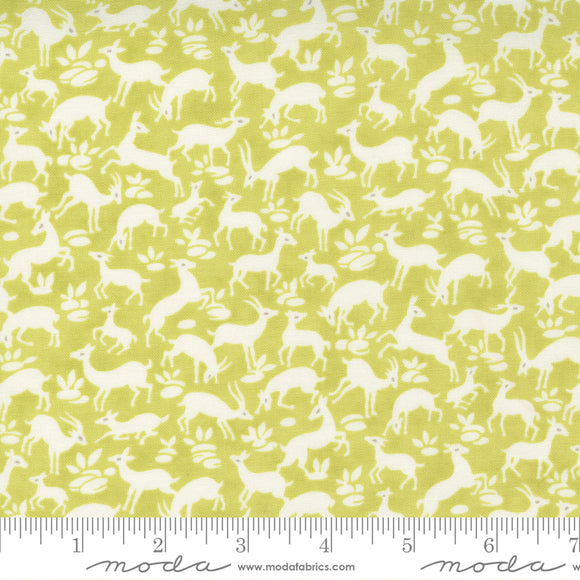 Pumpkins & Blossoms Sprout Frolic Yardage 20422-14 by Fig Tree & Co. High quality quilting cotton fabric with green background and white animals and deer.  Made by Moda Fabrics.