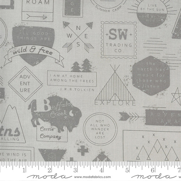 Smoke & Rust Smoke Mountain Badge Yardage 5130-13 by Lella Boutique. High quality quilting fabric with gray background and mountain badges.  Dark gray and light gray graphic prints.  Perfect for boys quilts.
